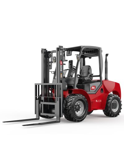Magni FL 3.5A rough terrain forklift, red, side view with mast lowered